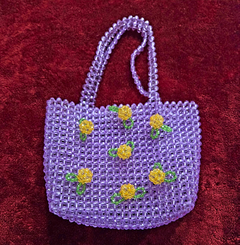 Womens Purple Yellow Green Beaded Floral Top Handle Bag Small Rectangle